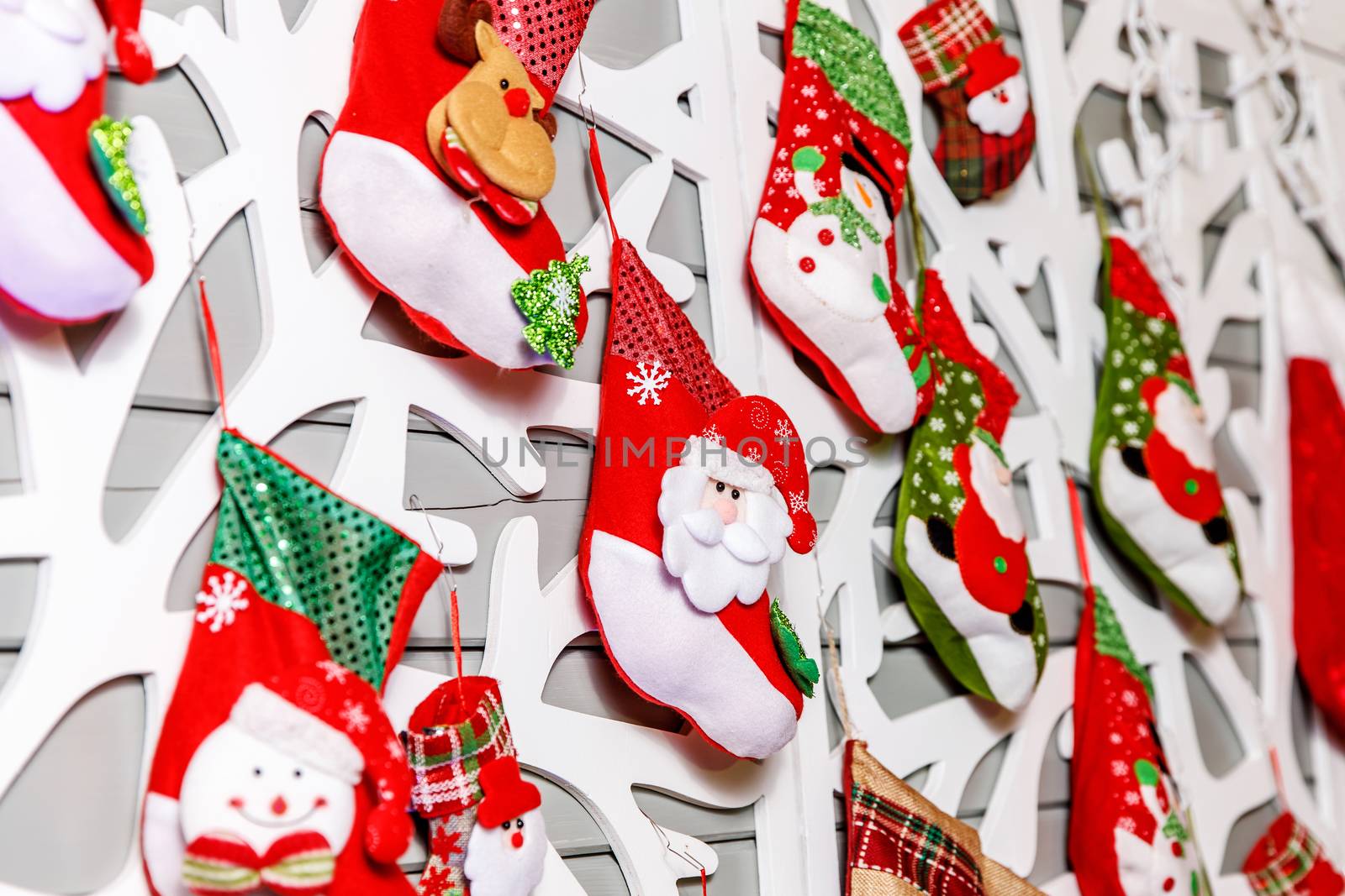 Christmas decorations, Christmas socks background. by 9parusnikov