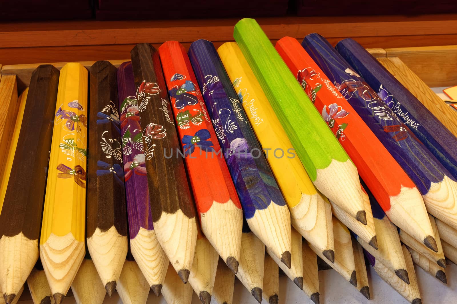 Group of colorful wooden pencils, close-up photo of pencils