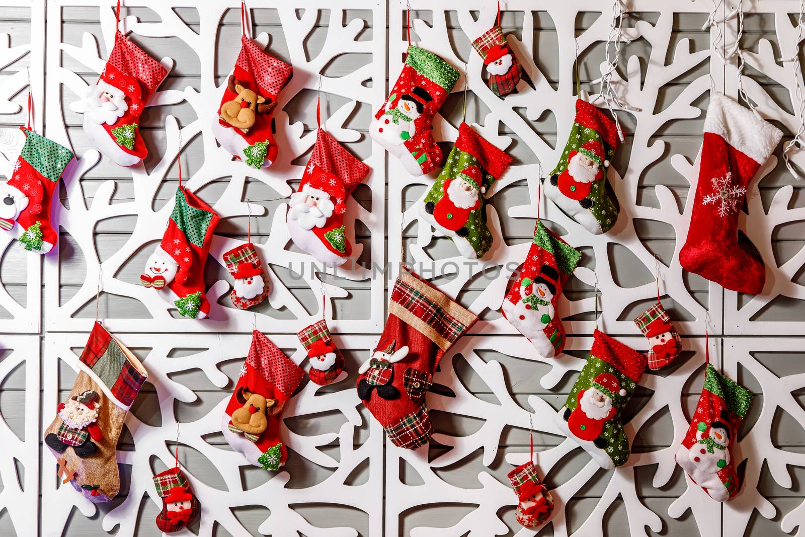 Christmas decorations, Christmas socks background. by 9parusnikov