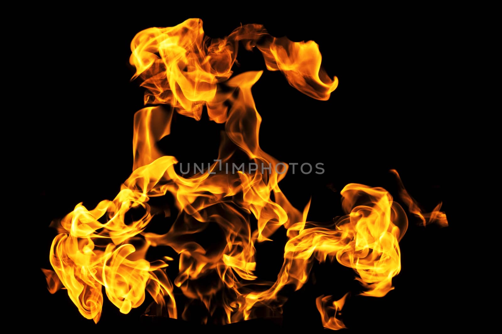 Fire flames on black background isolated. Burning gas or gasoline burns with fire and flames. Flaming burning sparks close-up, fire patterns. Infernal glow of fire in the dark with copy-space