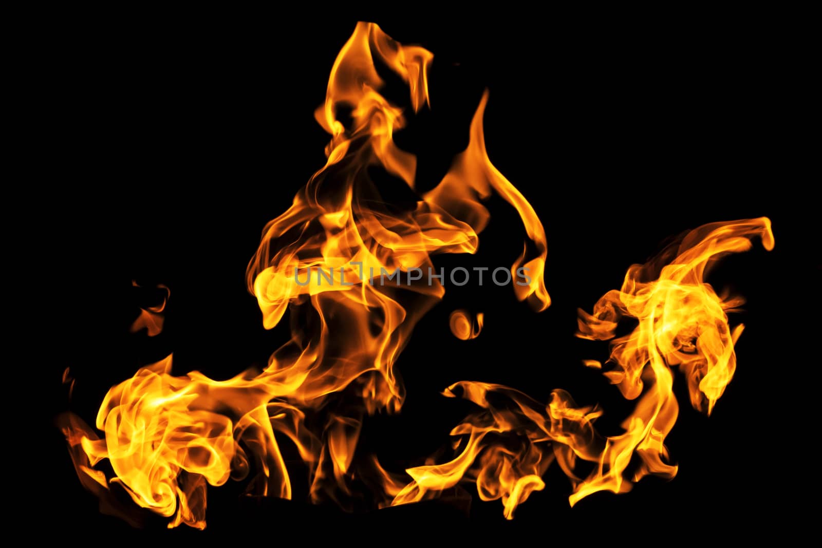 Fire flames on black background isolated. Burning gas or gasoline burns with fire and flames. Flaming burning sparks close-up, fire patterns. Infernal glow of fire in the dark with copy-space