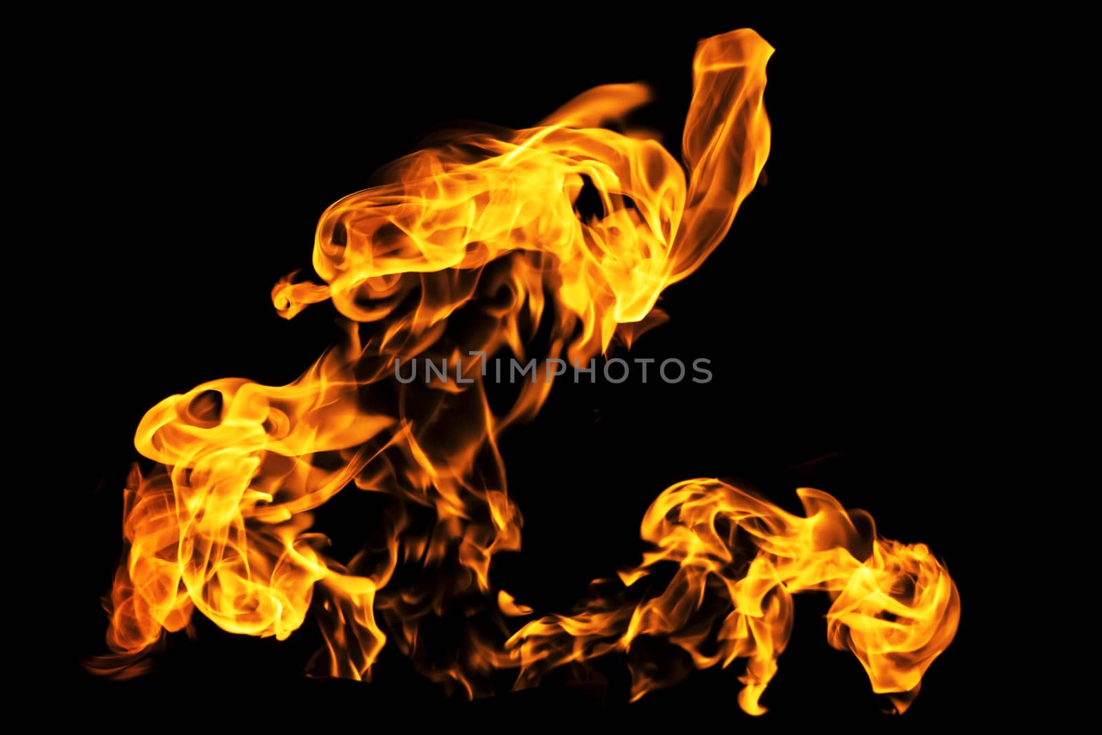 Fire flames on black background isolated. Burning gas or gasoline burns with fire and flames. Flaming burning sparks close-up, fire patterns. Infernal glow of fire in the dark with copy-space