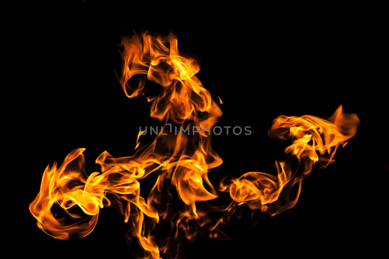 Fire flames on black background isolated. Burning gas or gasoline burns with fire and flames. Flaming burning sparks close-up, fire patterns. Infernal glow of fire in the dark with copy-space