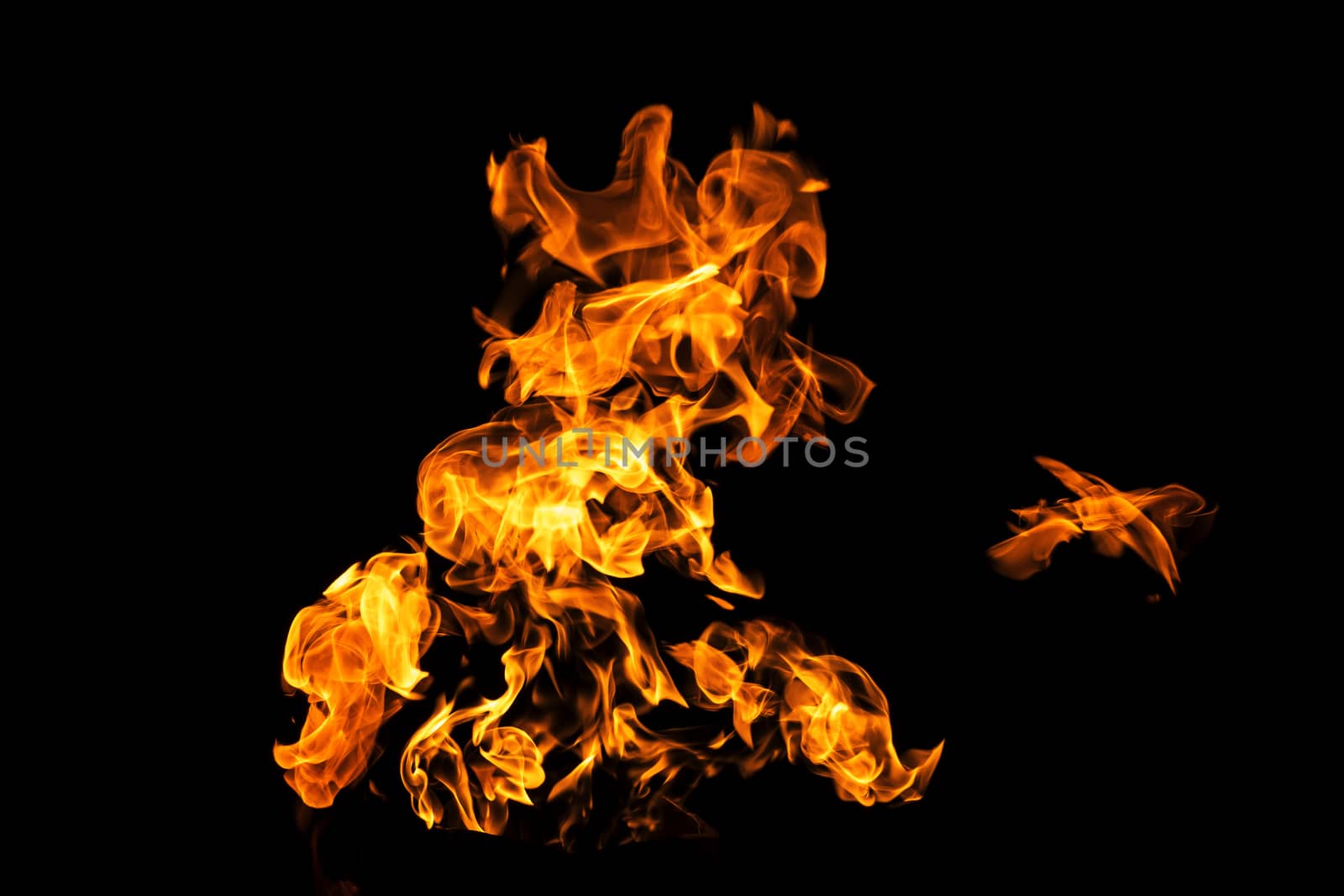 Fire flames on black background isolated. Burning gas or gasoline burns with fire and flames. Flaming burning sparks close-up, fire patterns. Infernal glow of fire in the dark with copy-space