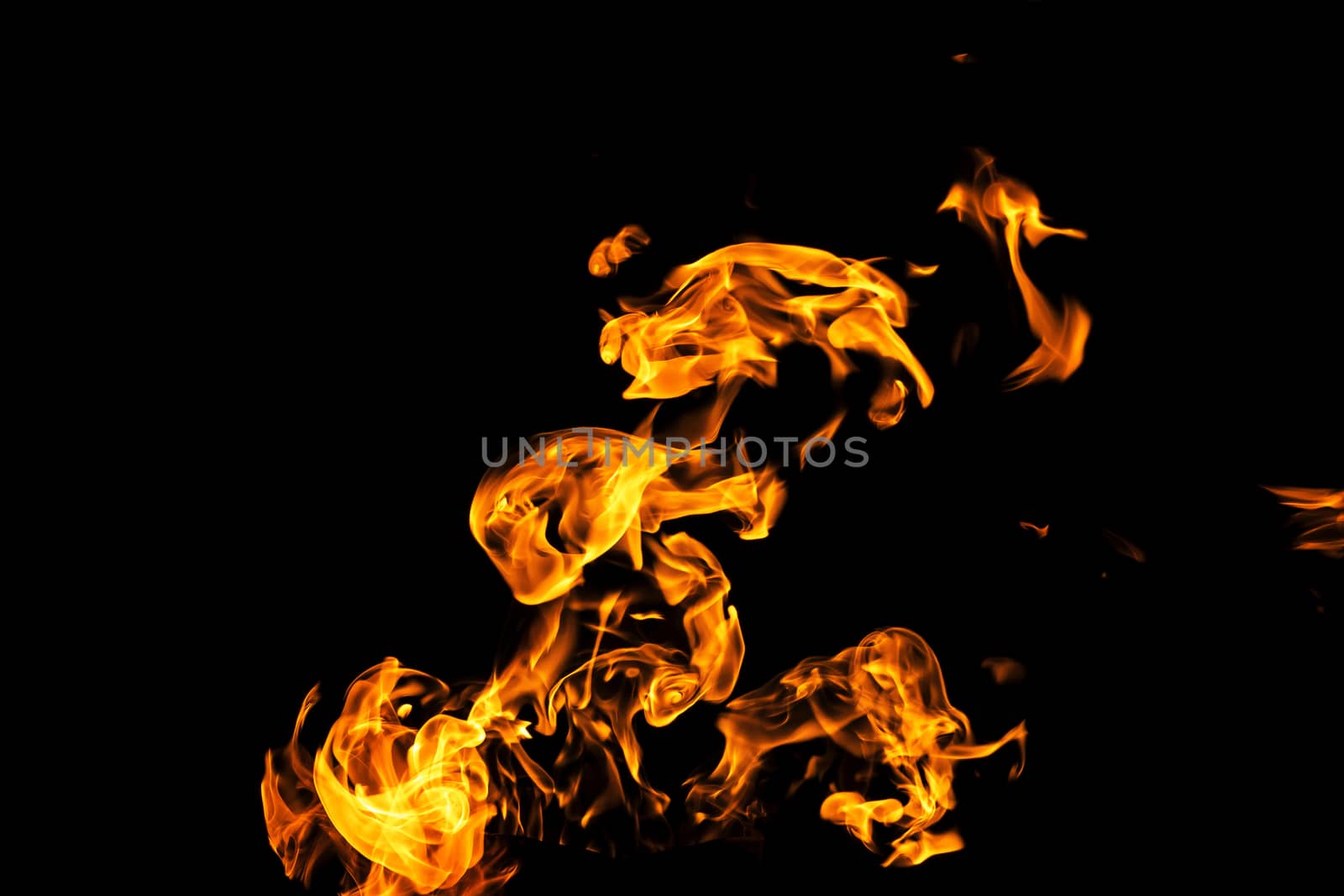 Fire flames on black background isolated. Burning gas or gasoline burns with fire and flames. Flaming burning sparks close-up, fire patterns. Infernal glow of fire in the dark with copy-space