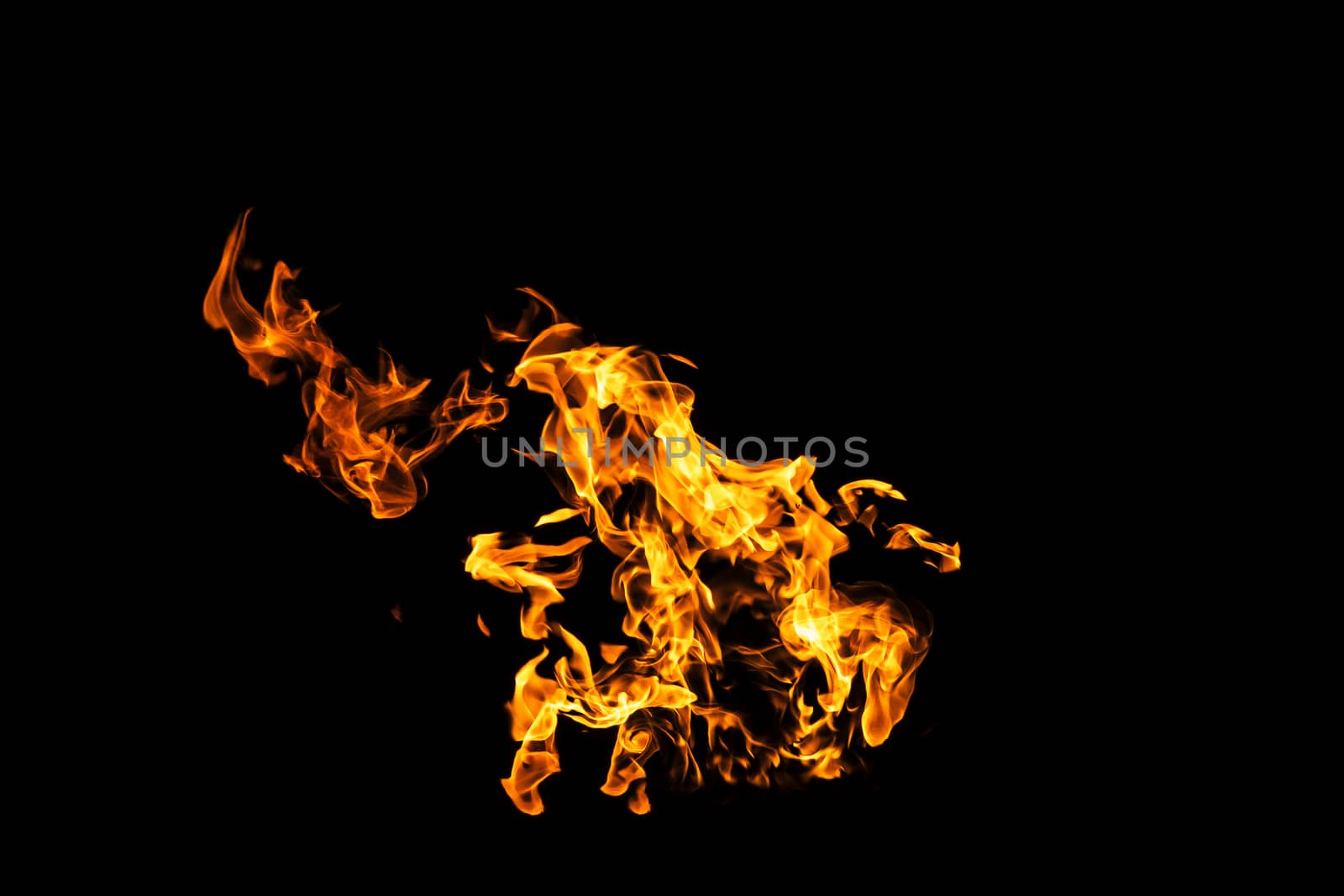 Fire flames on black background isolated. Burning gas or gasoline burns with fire and flames. Flaming burning sparks close-up, fire patterns. Infernal glow of fire in the dark with copy-space