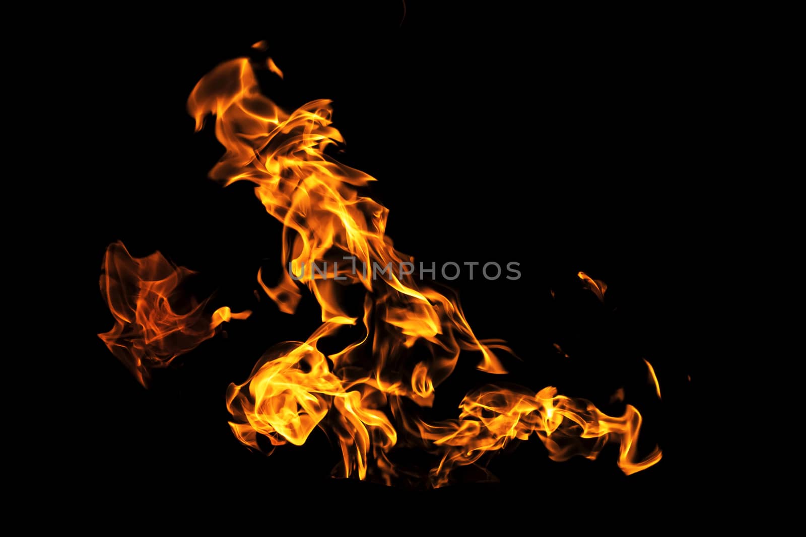 Fire flames on black background isolated. Burning gas or gasoline burns with fire and flames. Flaming burning sparks close-up, fire patterns. Infernal glow of fire in the dark with copy-space