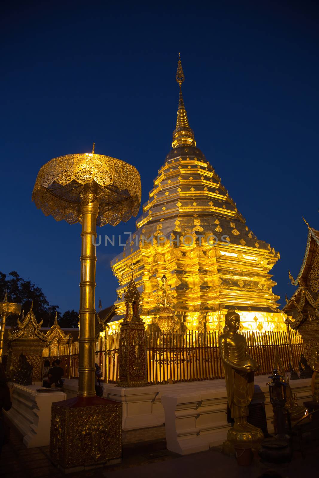 Wat Phra That Chang Mai Thailand 12.9.2015 golden Buddhist temple at night by kgboxford