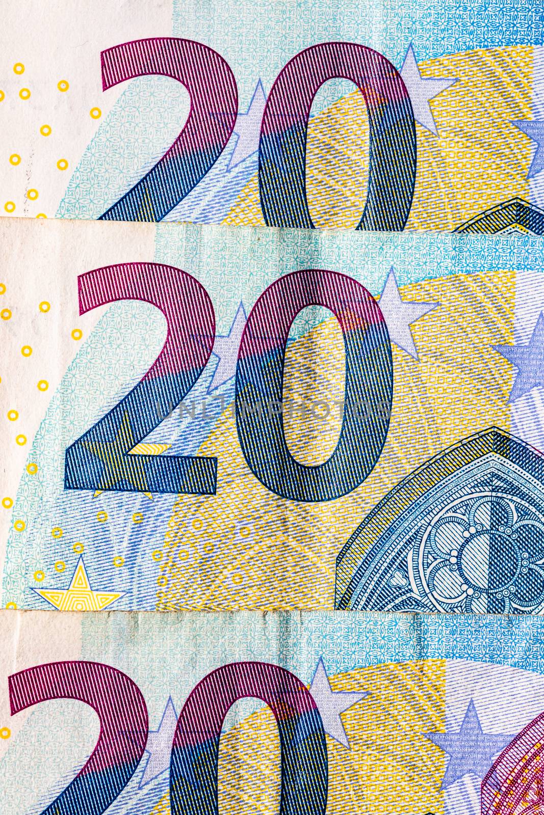 Selective focus on detail of euro banknotes. Close up macro detail of money banknotes, 20 euro isolated. World money concept, inflation and economy concept