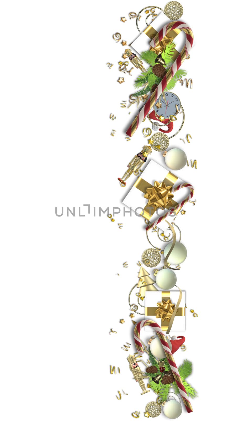 Christmas frame border on white. Shiny gold Christmas symbols on white background. 3D illustration. Vertical festive design for web, header. Copy space