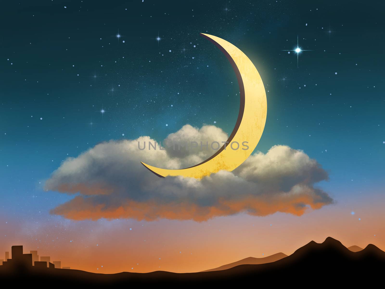 The Moon is resting on a cloud after the sunset. Digital illustration.