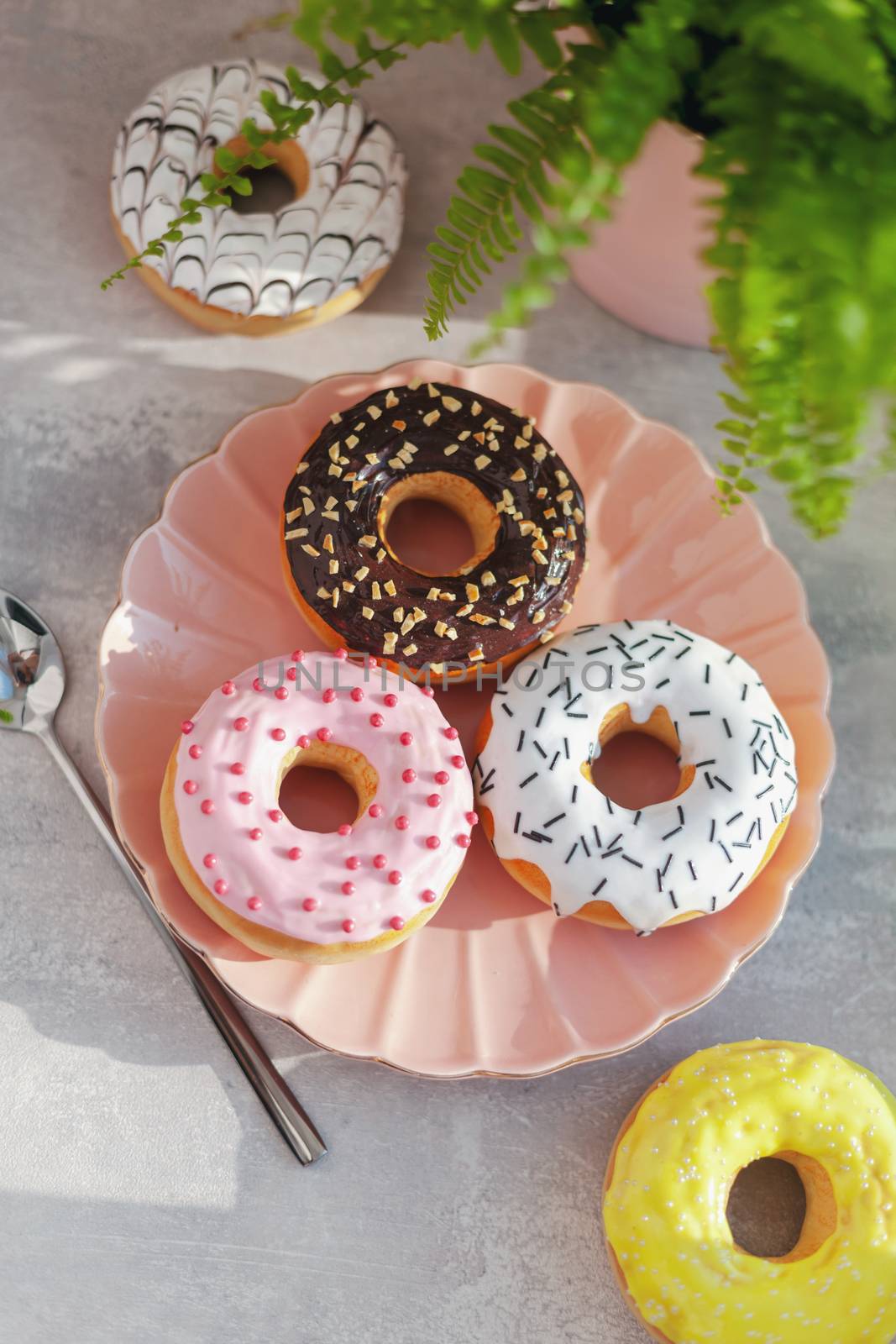 Sweet and fresh colored different donuts with chocolate frosted, glazed and sprinkles, icing topping on pink plate on concrete background.