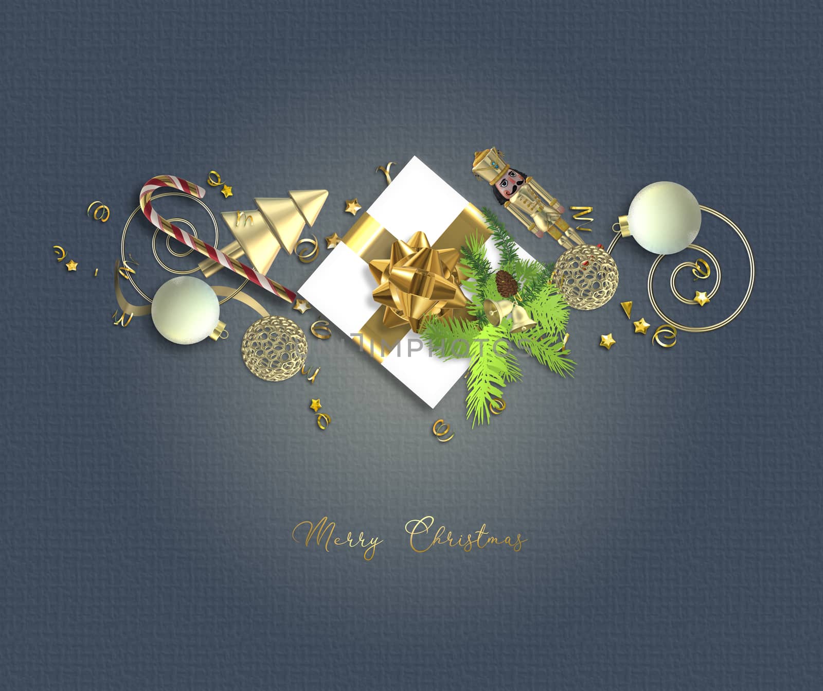 Winter arrangement design with Christmas symbols xmas gift box, fir branches, balls, golden confetti on blue background. Golden text Merry Christmas. Flat lay, copy space. 3D illustration