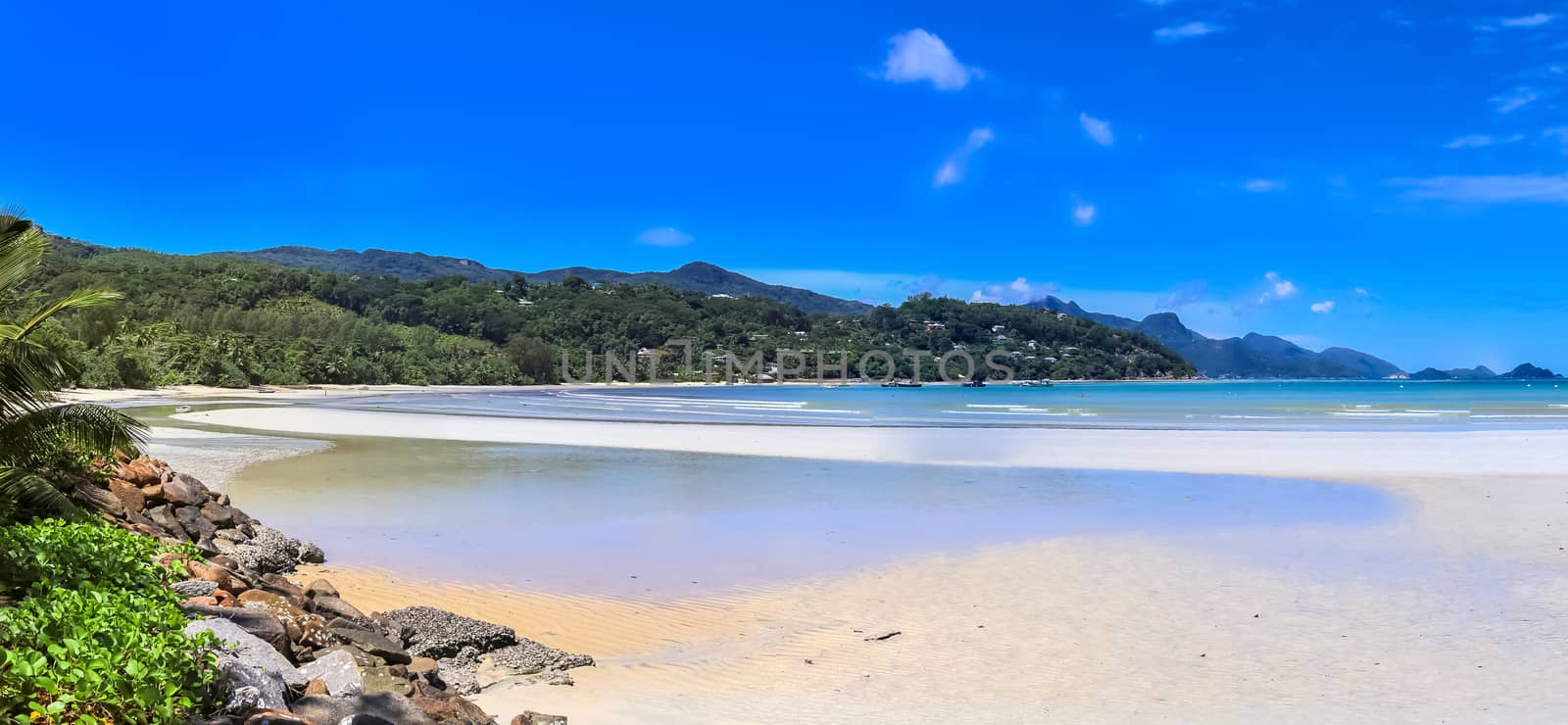 Stunning high resolution beach panorama taken on the paradise islands Seychelles.