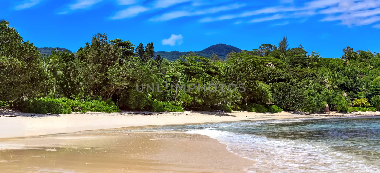 Stunning high resolution beach panorama taken on the paradise islands Seychelles.