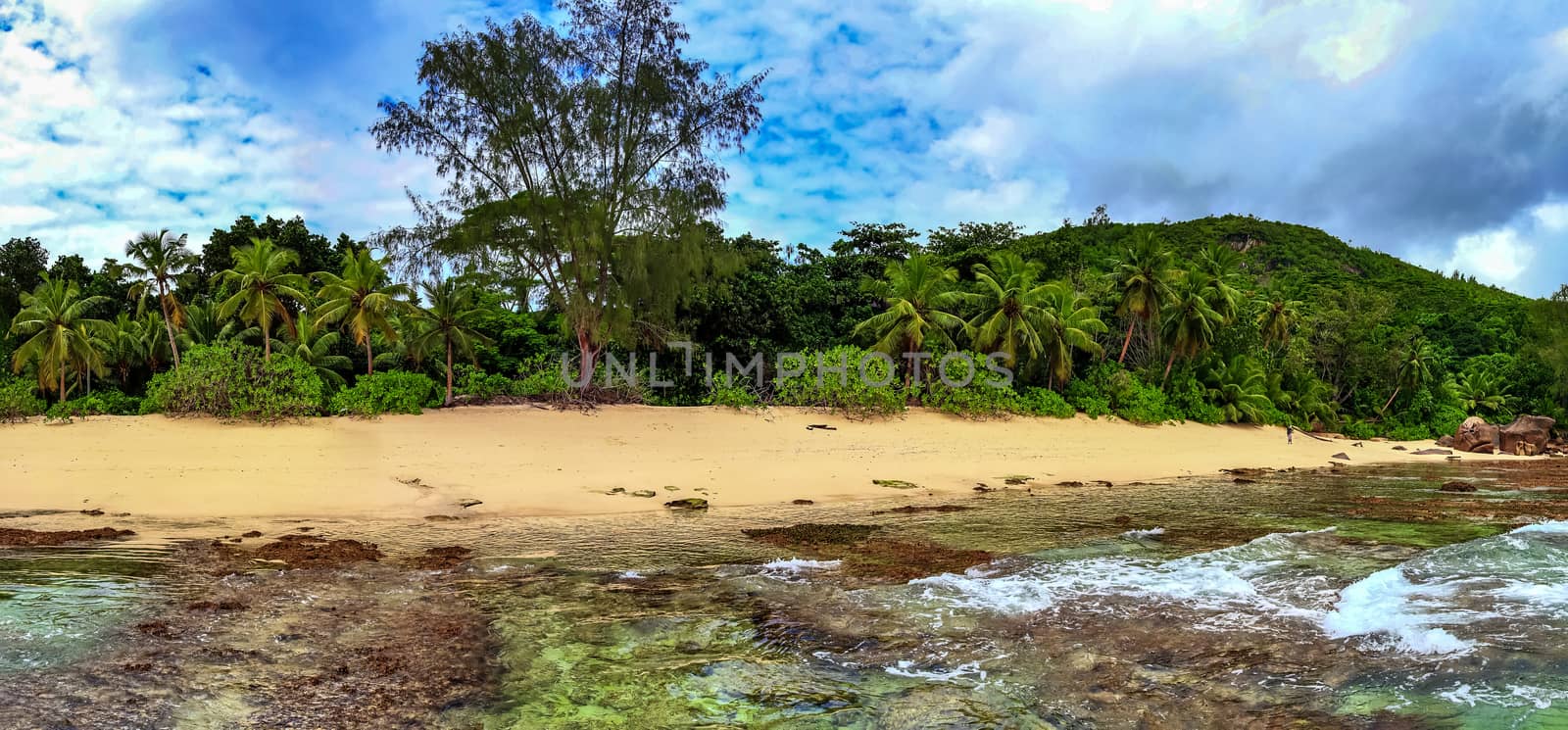 Stunning high resolution beach panorama taken on the paradise islands Seychelles.