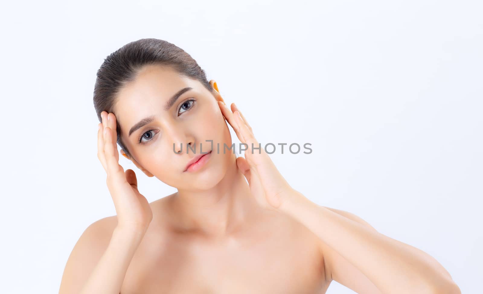 Portrait of beautiful woman asian makeup of cosmetic, girl hand touch cheek and smile attractive, face of beauty perfect with wellness isolated on white background with skin healthcare concept.