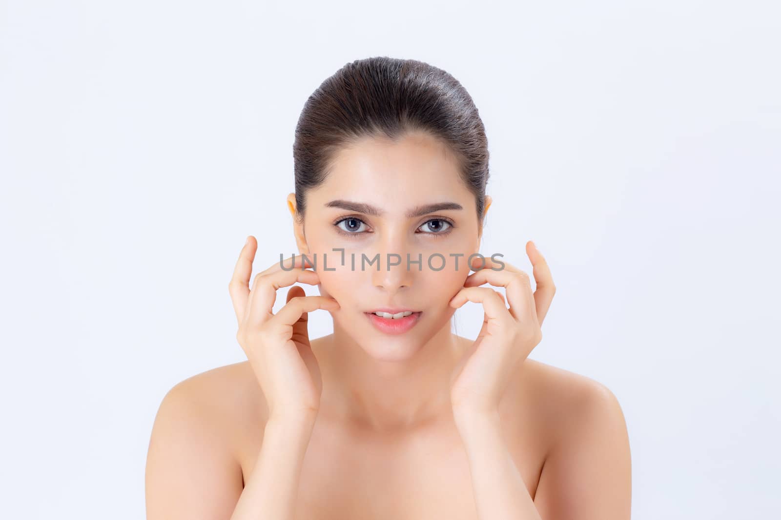 Portrait of beautiful woman makeup of cosmetic, girl hand touch cheek and smile attractive, face of beauty perfect with wellness isolated on white background with skin healthcare concept.