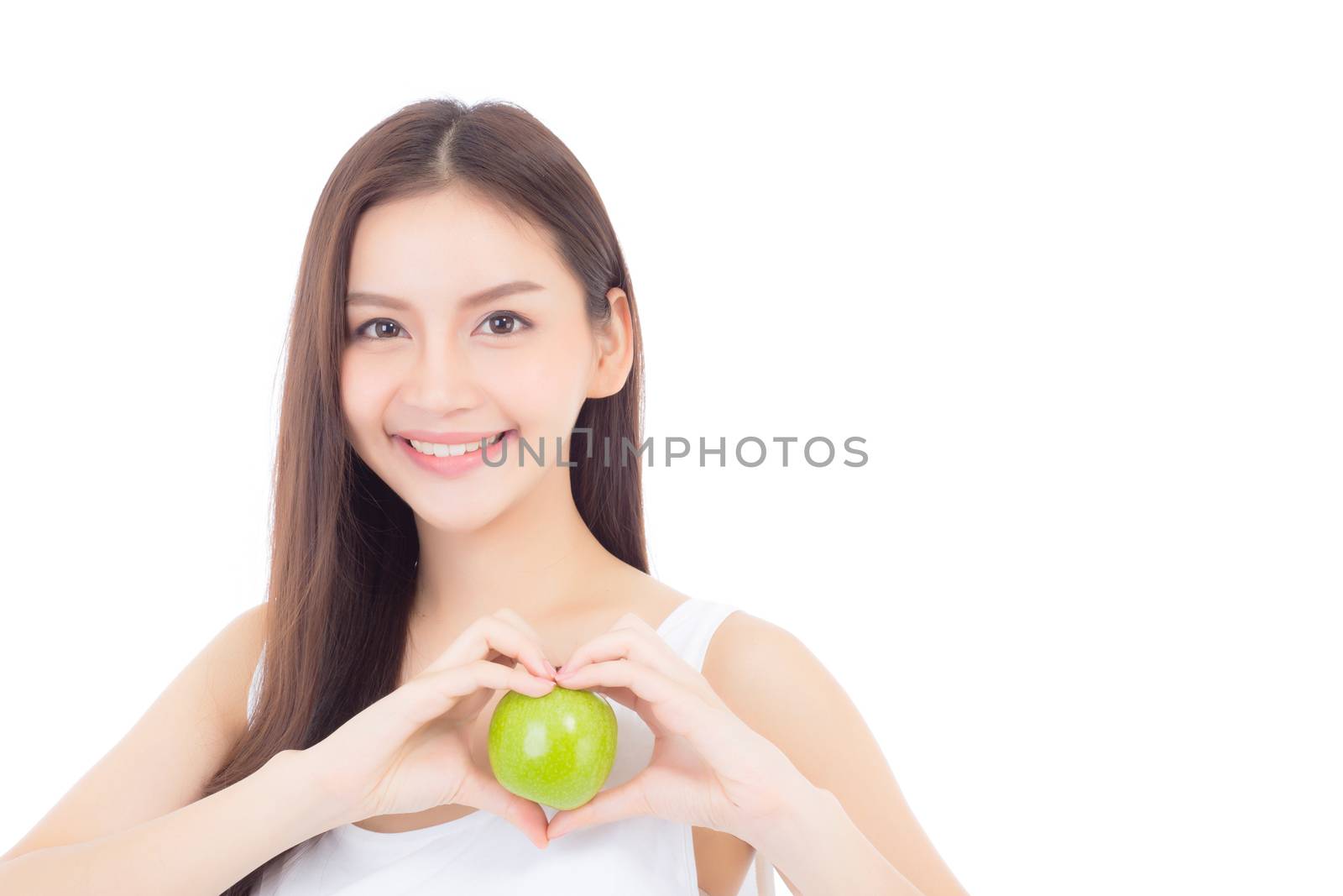 Beautiful of portrait young asian woman smile and holding green apple fruit with heart shape wellness and healthy isolated on white background.