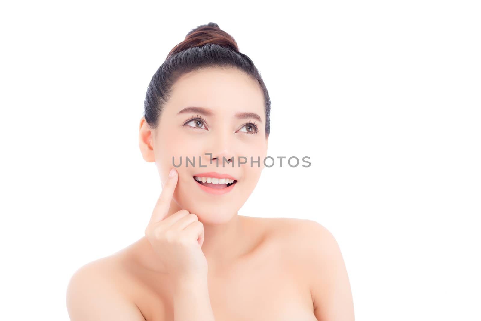 Portrait of beautiful woman asian makeup of cosmetic, girl hand touch cheek and smile attractive, face of beauty perfect with wellness isolated on white background with skin healthcare concept.