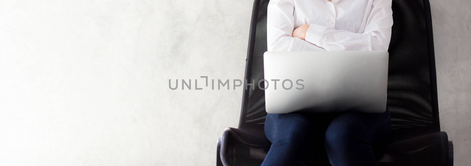 Closeup banner website beautiful asian young woman of success with laptop, girl working coffee shop on cement background, career freelance business concept.
