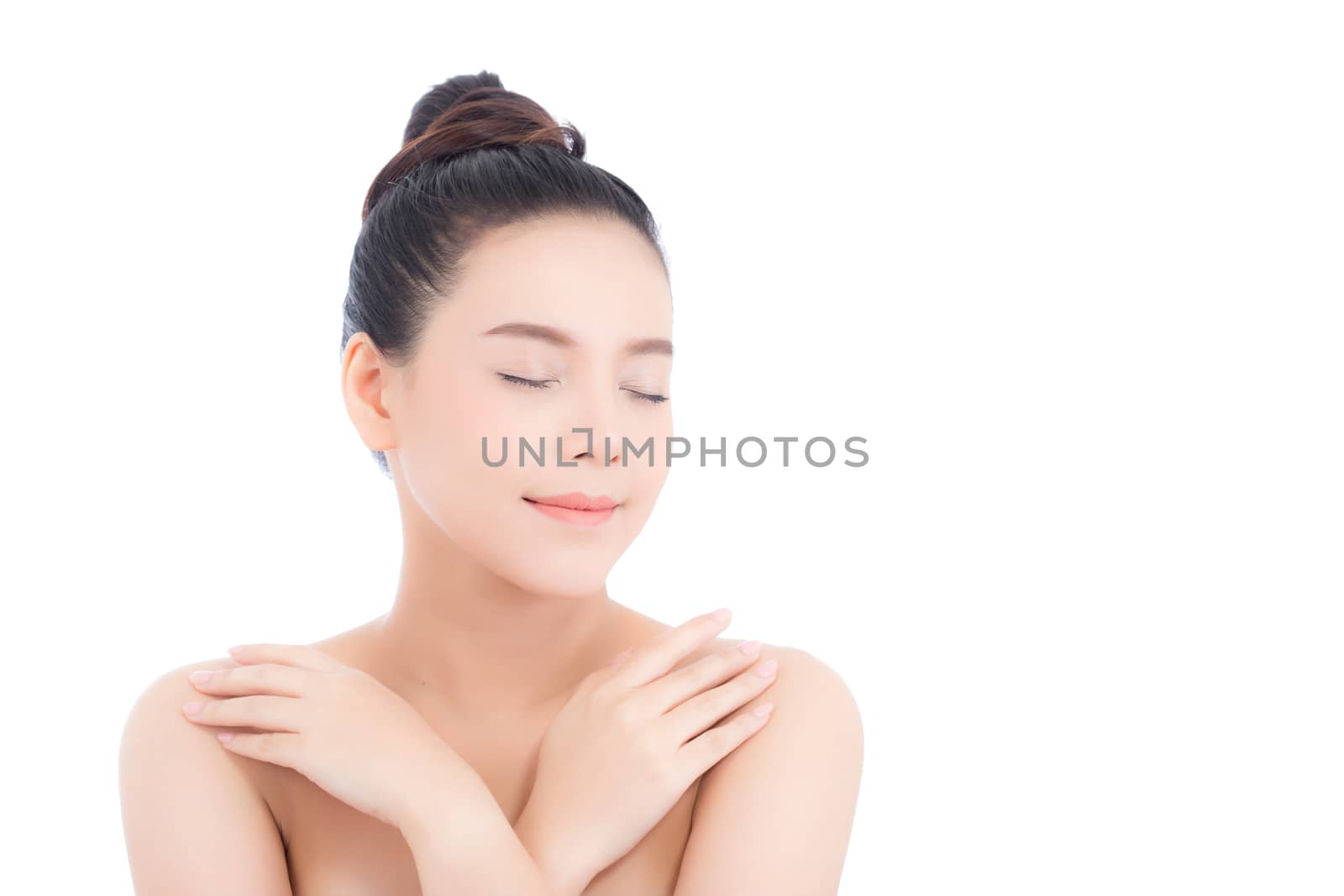 Portrait of beautiful asian woman makeup of cosmetic, girl touch  shoulder and smile attractive, face of beauty perfect with wellness isolated on white background with skin healthcare concept.