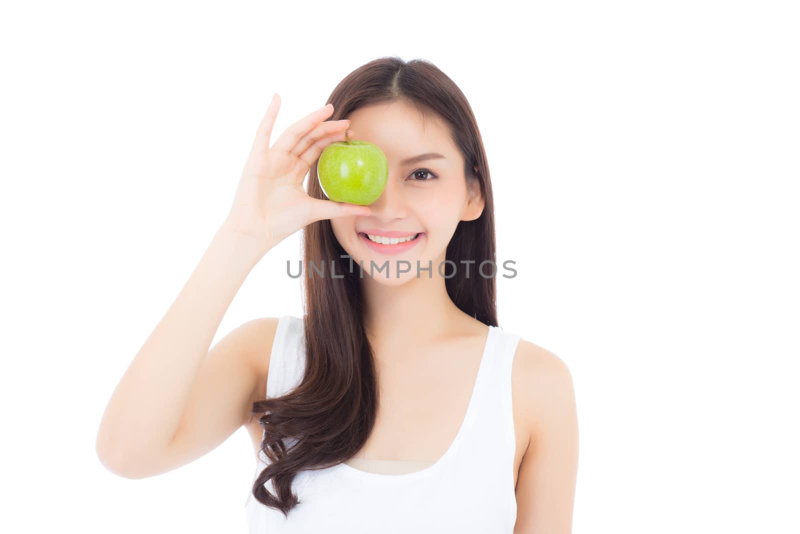 Beautiful of portrait young asian woman smile and holding green apple fruit, girl with wellness and healthy isolated on white background.