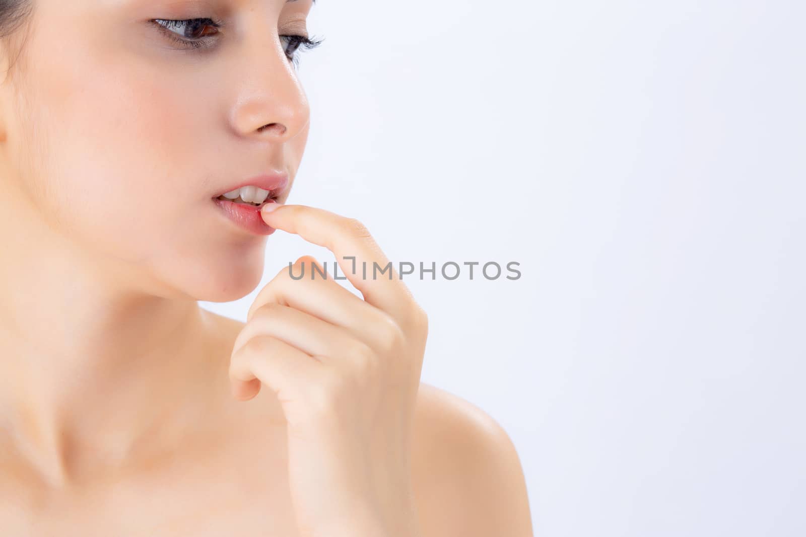 Portrait of beautiful woman asian makeup of cosmetic, girl hand touch mouth and smile attractive, face of beauty perfect with wellness isolated on white background with skin healthcare concept.