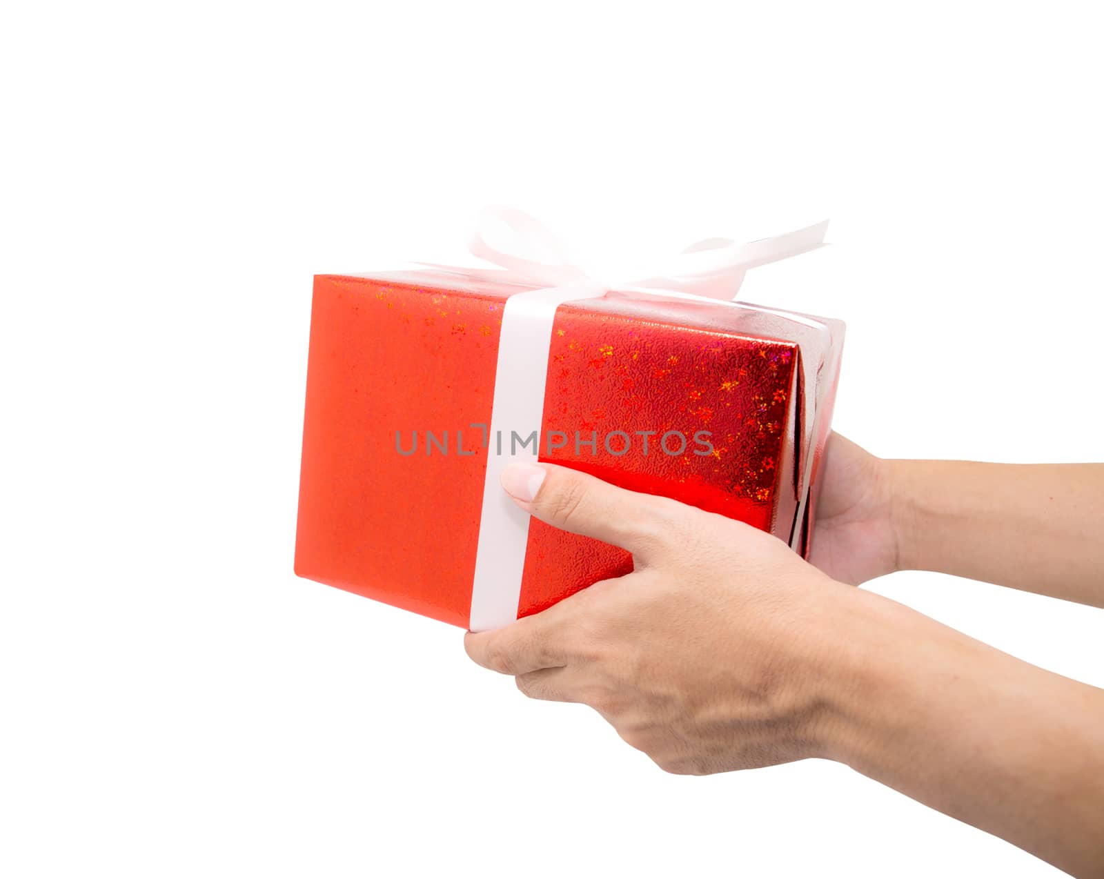 Red gift box white ribbon holding hand isolated on white background, using for christmas and new year or holiday other.