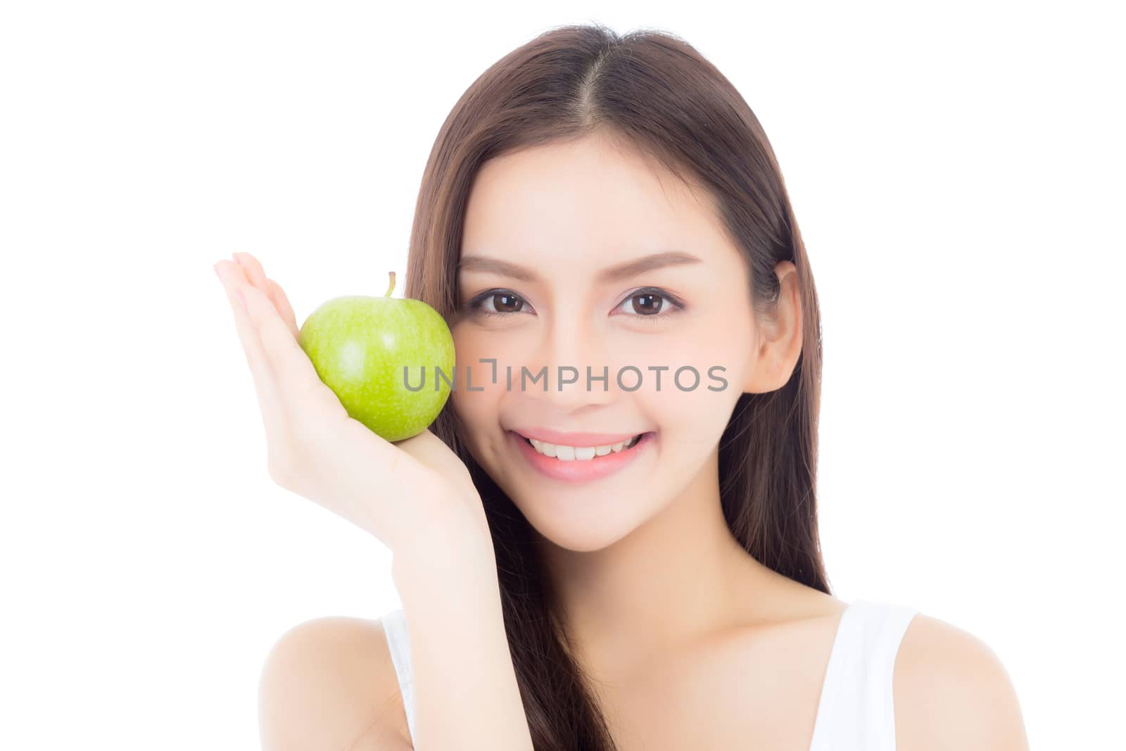Beautiful of portrait young asian woman smile and holding green apple fruit, girl with wellness and healthy isolated on white background.