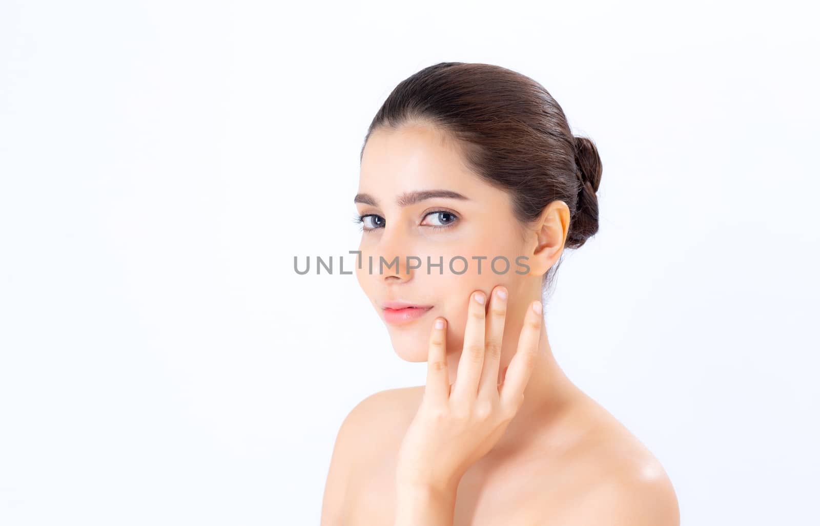 Portrait of beautiful woman asian makeup of cosmetic, girl hand touch cheek and smile attractive, face of beauty perfect with wellness isolated on white background with skin healthcare concept.