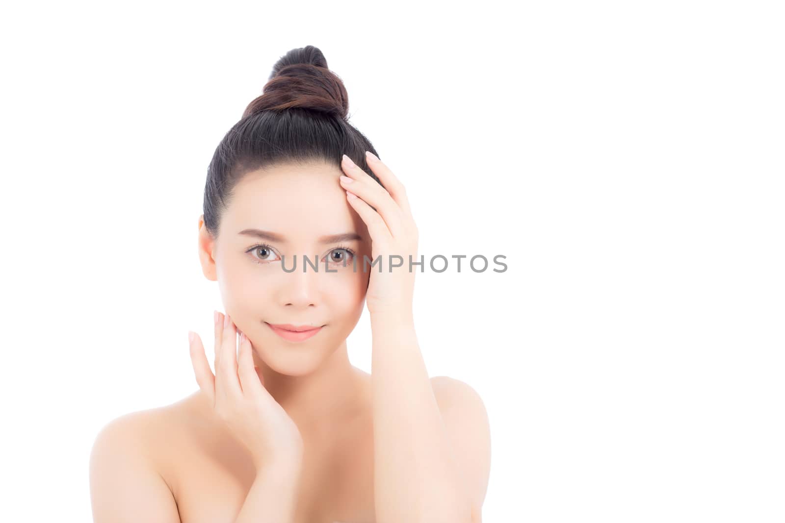 Portrait of beautiful woman asian makeup of cosmetic, girl hand touch cheek and smile attractive, face of beauty perfect with wellness isolated on white background with skin healthcare concept.