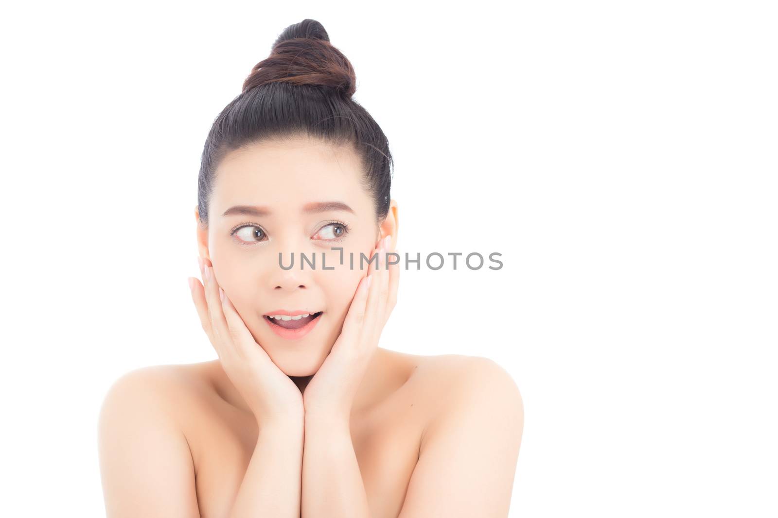 Portrait of asian woman surprise hold cheek with hand, Beautiful girl with presenting your product with excited and surprise isolated on white background, Expressive facial.