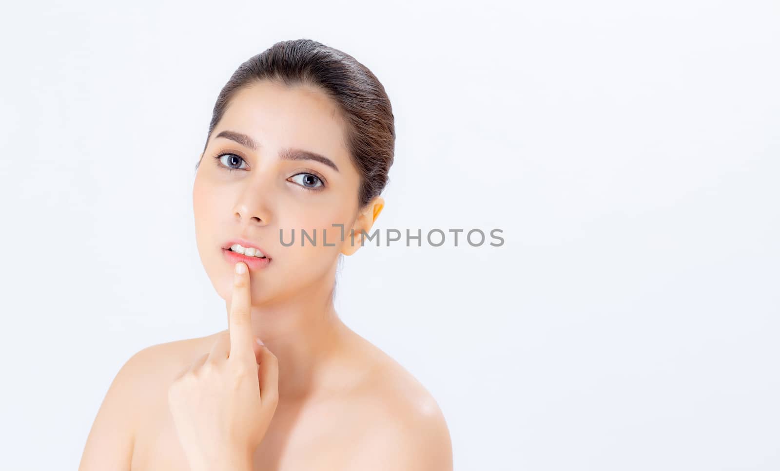 Portrait of beautiful woman asian makeup of cosmetic, girl hand touch lips and mouth and smile attractive, face of beauty perfect with wellness isolated on white background with skin healthcare concept.