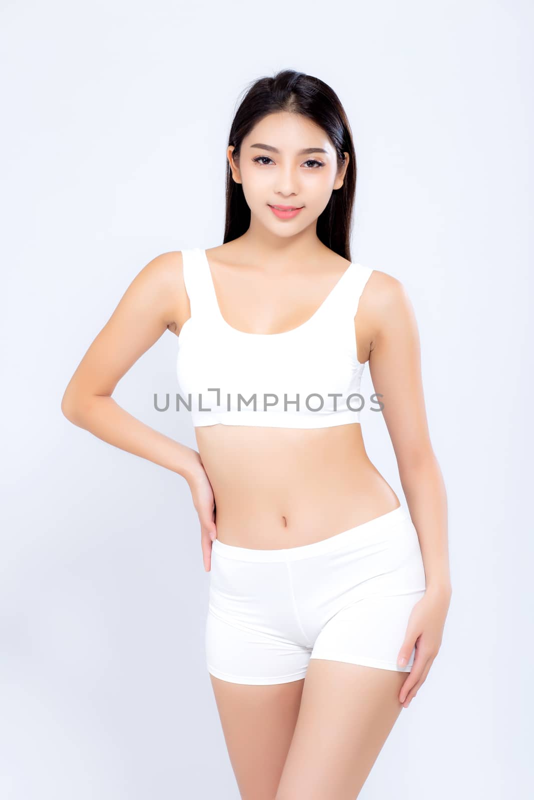 Portrait young asian woman smiling beautiful body diet with fit isolated on white background, model girl weight slim with cellulite or calories, health and wellness concept.