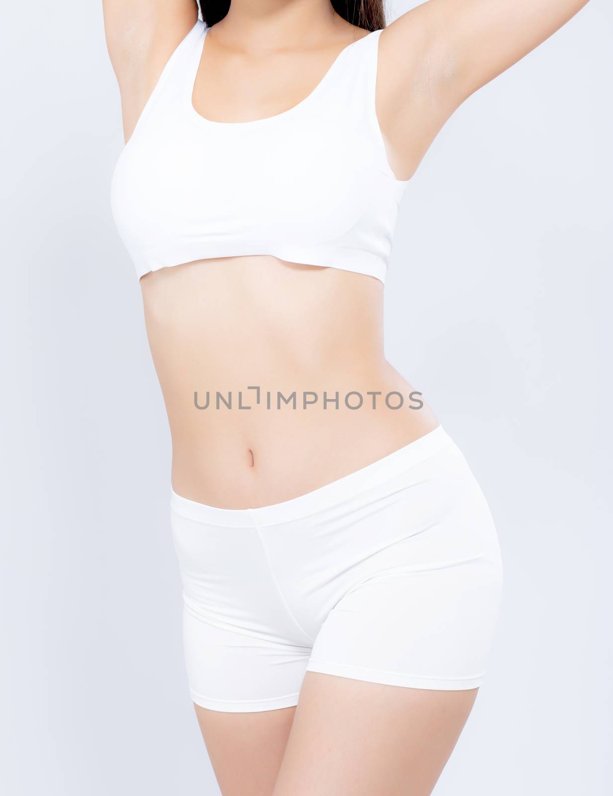 Portrait young asian woman beautiful body diet with fit isolated on white background, model girl weight slim with cellulite or calories, health and wellness concept.