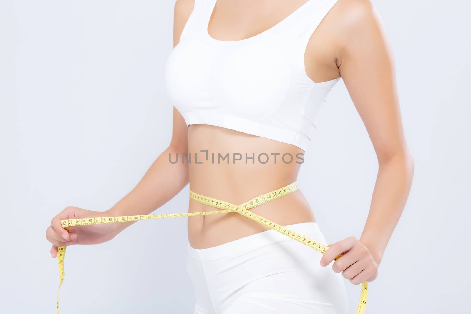 Asian woman diet and slim with measuring waist for weight isolated on white background, girl have cellulite and calories loss with tape measure, health and wellness concept.