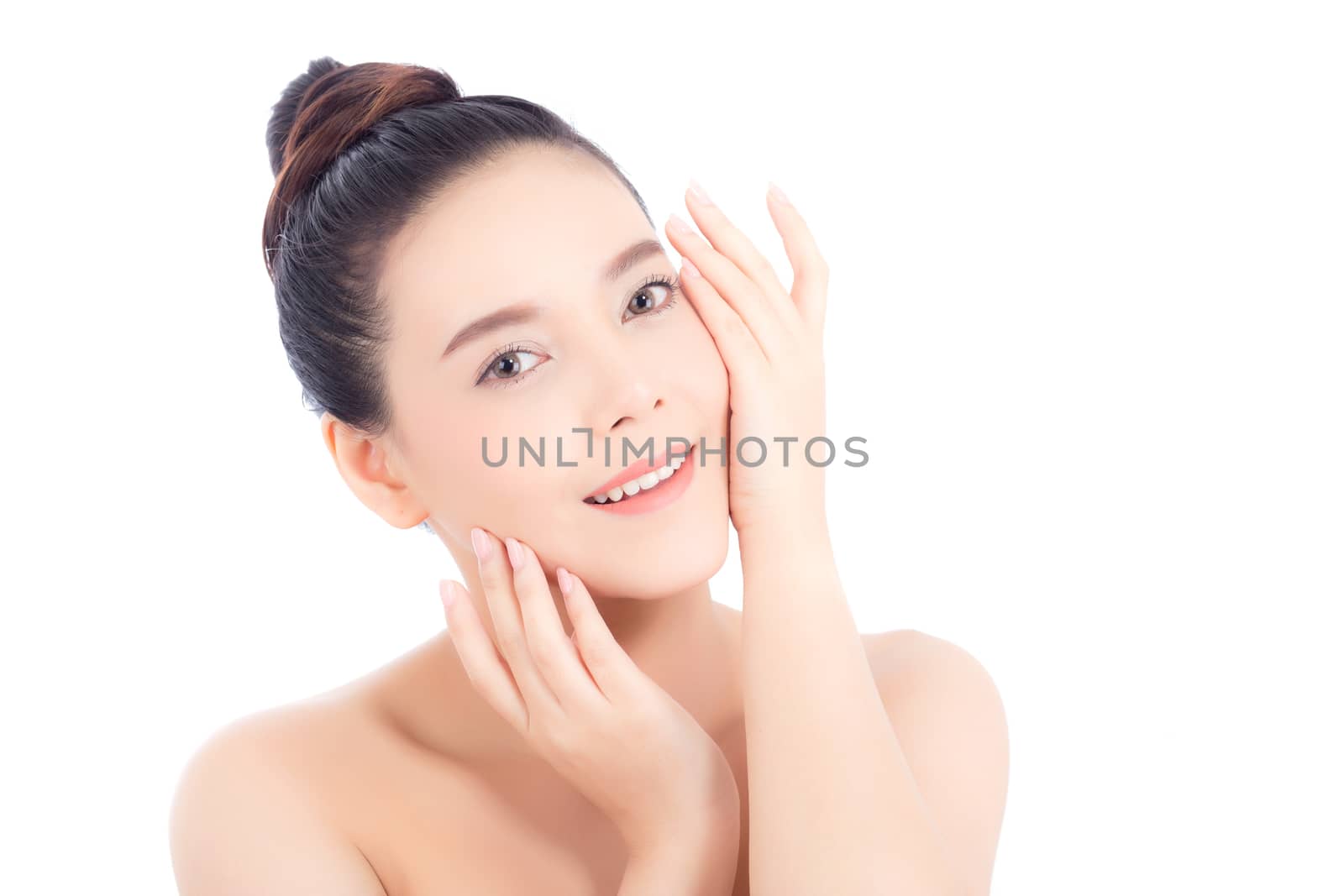 Portrait of beautiful woman asian makeup of cosmetic, girl hand touch cheek and smile attractive, face of beauty perfect with wellness isolated on white background with skin healthcare concept.