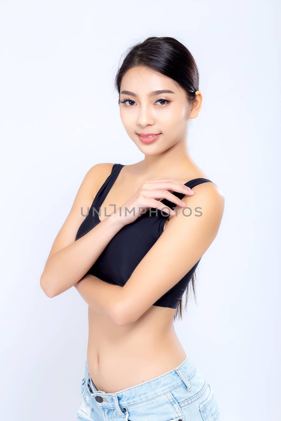 Portrait young asian woman smiling beautiful body diet with fit isolated on white background, model girl weight slim with cellulite or calories, health and wellness concept.