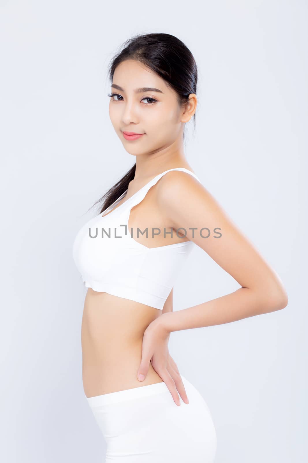 Portrait young asian woman smiling beautiful body diet with fit isolated on white background, model girl weight slim with cellulite or calories, health and wellness concept.