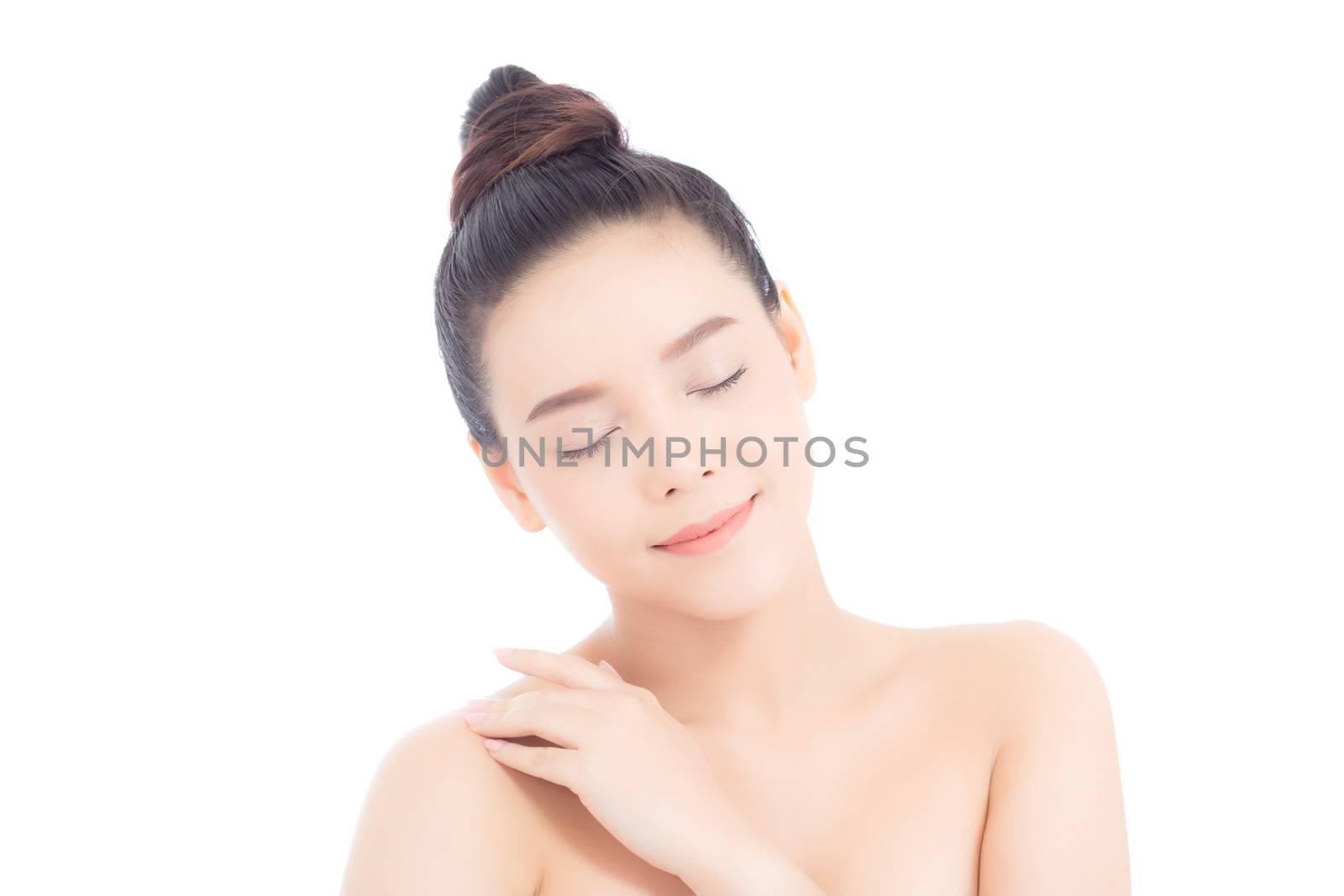 Portrait of beautiful asian woman makeup of cosmetic, girl touch shoulder and smile attractive, face of beauty perfect with wellness isolated on white background with skin healthcare concept.