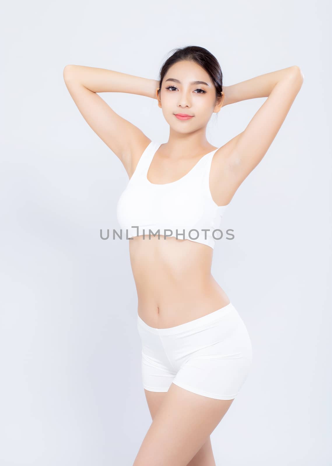 Portrait young asian woman smiling beautiful body diet with fit isolated on white background, model girl weight slim with cellulite or calories, health and wellness concept.