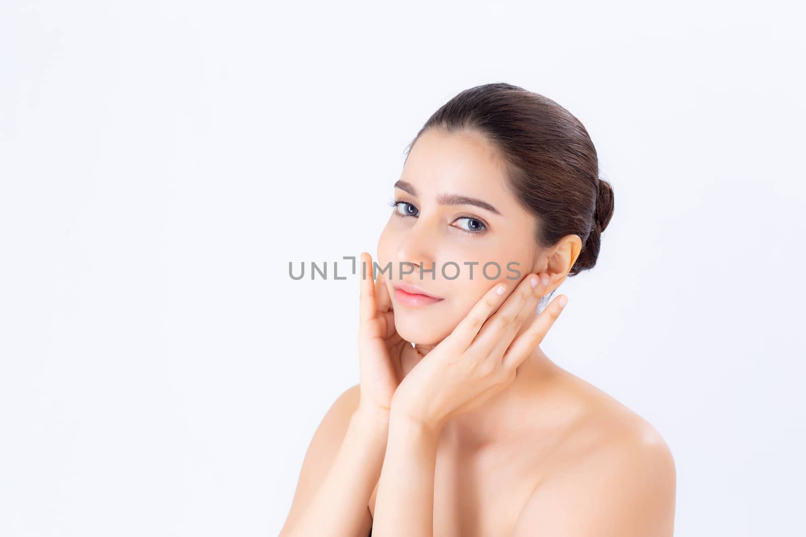 Portrait of beautiful woman asian makeup of cosmetic, girl hand touch cheek and smile attractive, face of beauty perfect with wellness isolated on white background with skin healthcare concept.