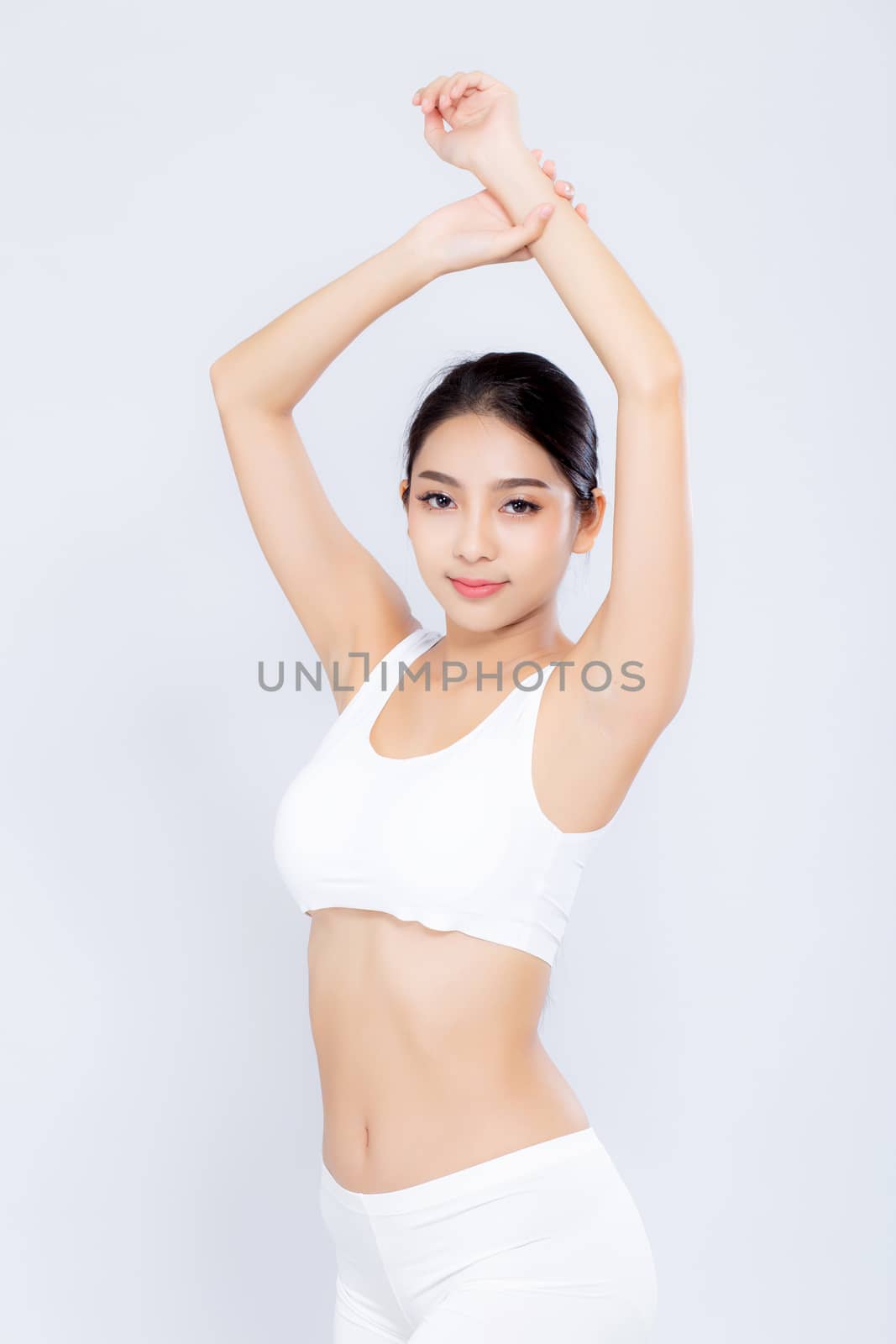 Portrait young asian woman smiling beautiful body diet with fit isolated on white background, model girl weight slim with cellulite or calories, health and wellness concept.