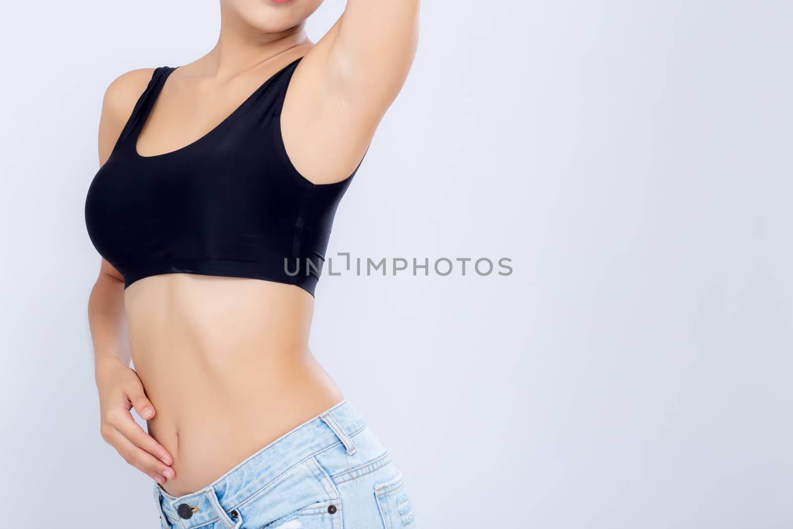 Closeup asian woman beautiful body diet with fit isolated on white background, model girl weight slim with cellulite or calories, health and wellness concept.