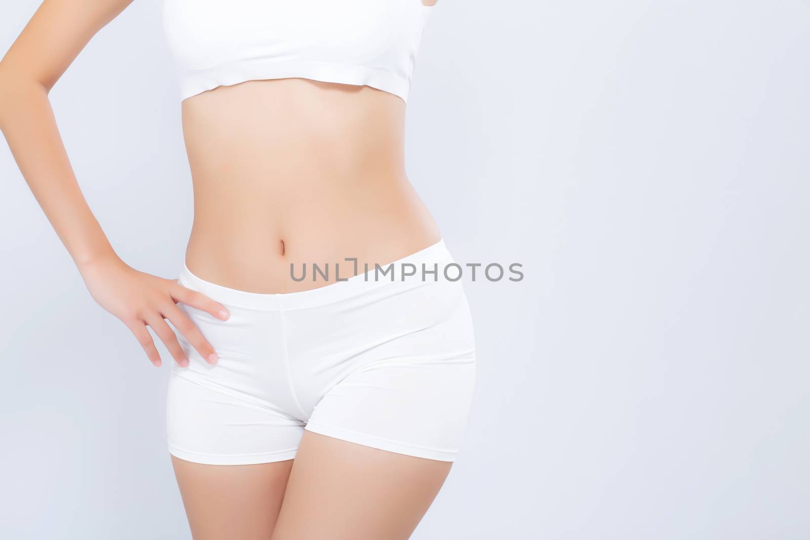 Closeup asian woman beautiful body diet with fit isolated on white background, model girl weight slim with cellulite or calories, health and wellness concept.