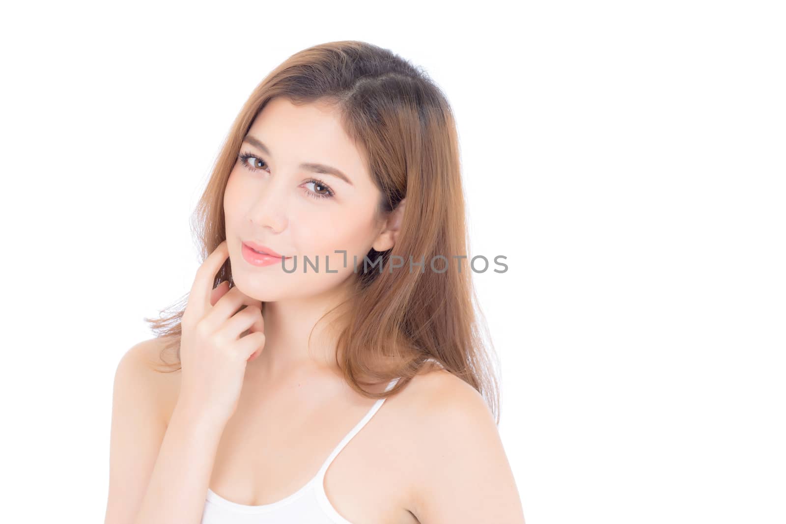 Portrait of beautiful woman asian makeup of cosmetic, girl hand touch cheek and smile attractive, face of beauty perfect with wellness isolated on white background with skin healthcare concept.