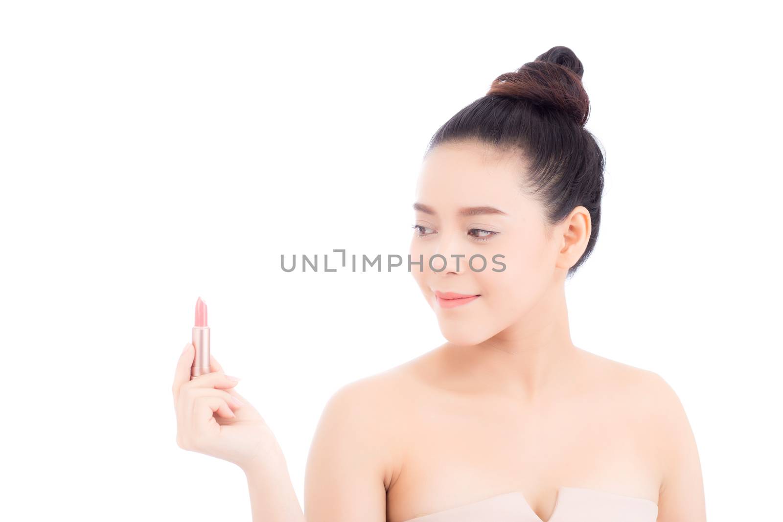 Beauty of portrait asian woman applying make up with lipstick of mouth isolated on white background, Beautiful girl on lips with happy, skincare and cosmetic concept.