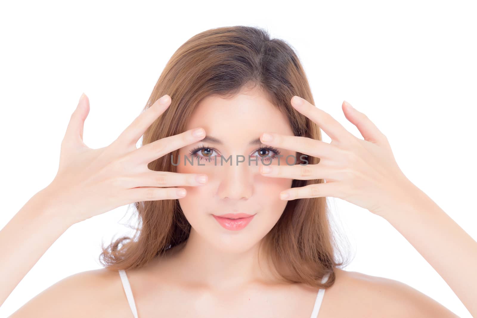 Portrait of beautiful woman makeup of cosmetic, girl hand eye and smile attractive, face of beauty perfect with wellness isolated on white background with skin healthcare concept.