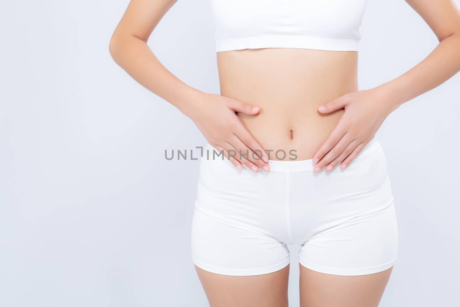 Closeup asian woman beautiful body diet with fit isolated on white background, model girl weight slim with cellulite or calories, health and wellness concept.